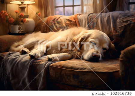 Retriever dog sleeping on sofa, portrait of cut pet lying on couch, generative AI. 102916739
