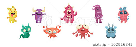 Cute Little Monsters with Horns and Big Eyes Expressing Emotion Vector Set 102916843