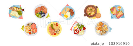 Served Dish on Plate with Fish, Croissant, Soup, Sandwich and Chicken Above View Vector Set 102916910