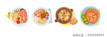 Served Dish on Plate with Salmon, Chicken, Soup and Pancakes Above View Vector Set 102916947