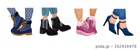 Female Legs Wearing Fashion Shoes and Footwear Vector Set Female Legs Wearing Fashion Shoes and Footwear Vector Set 102916978