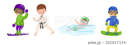 Boy Character in Sports Uniform Skiing, Doing Karate, Swimming and Snowboarding Vector Illustration Set 102917154