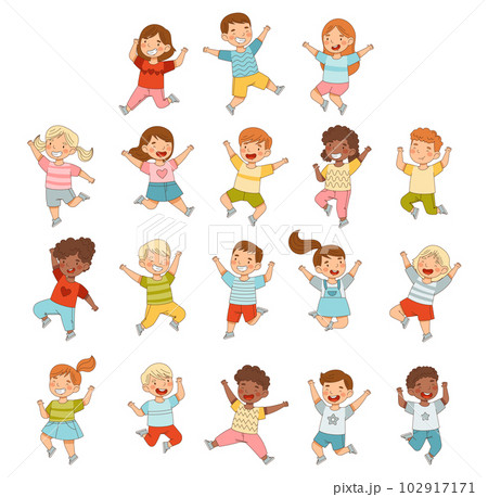 Elated Children Jumping with Joy Expressing Excitement and Happiness Big Vector Set 102917171