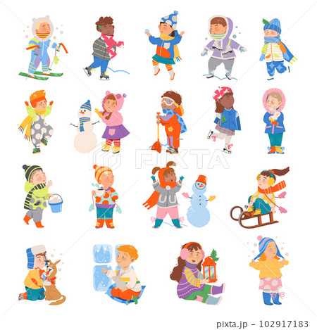 Excited Children in Winter Ski Running, Building Snowman and Playing Snowballs Big Vector Set Excited Children in Winter Ski Running, Building Snowman and Playing Snowballs Big Vector Set 102917183