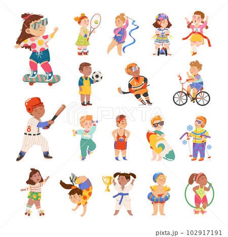 Cute Kids Athlete Engaged in Different Sport Activity Big Vector Illustration Set 102917191