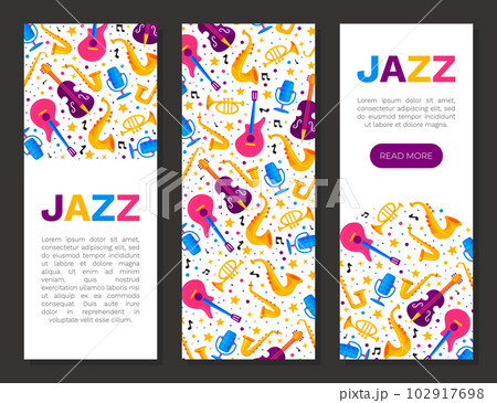 Jazz Live Music Banner Design with Bright Musical Instrument Vector Template 102917698