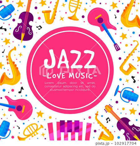 Jazz Live Music Banner Design with Bright Musical Instrument Vector Template 102917704
