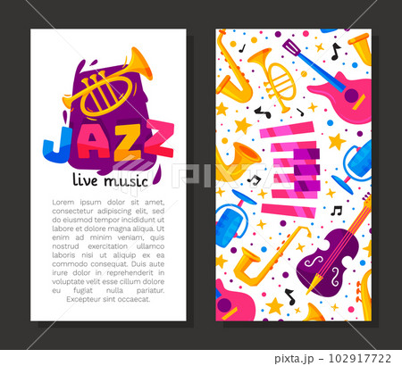Jazz Live Music Banner Design with Bright Musical Instrument Vector Template 102917722