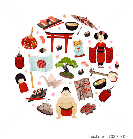 Japan Travel Round Composition Design with Traditional Symbols Vector Template 102917810