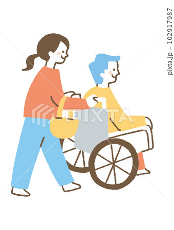 男性が乗る車椅子を押す女性_色 102917987