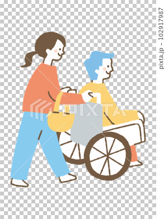 男性が乗る車椅子を押す女性_色 102917987