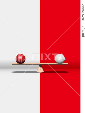 紅白の球の乗ったバランスの取れた木製天秤 紅白の球の乗ったバランスの取れた木製天秤 102919882