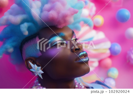 African man with multicolored eyeshadows on his eyelids and glitter. Black drag queen candycore aesthetic. Closeup portrait. Generative AI 102920024