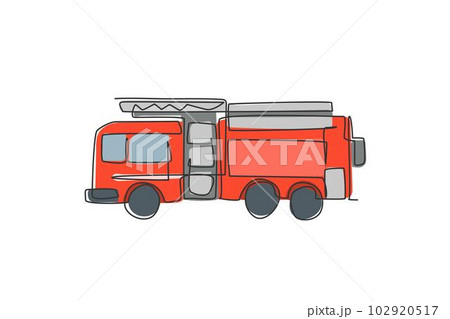 Single one line drawing of firetruck with rescue ladder and nozzle. Fire engine as firefighter apparatus isolated doodle minimal concept. Trendy continuous line draw design graphic vector illustration Single one line drawing of firetruck with rescue ladder and nozzle. Fire engine as firefighter apparatus isolated doodle minimal concept. Trendy continuous line draw design graphic vector illustration 102920517