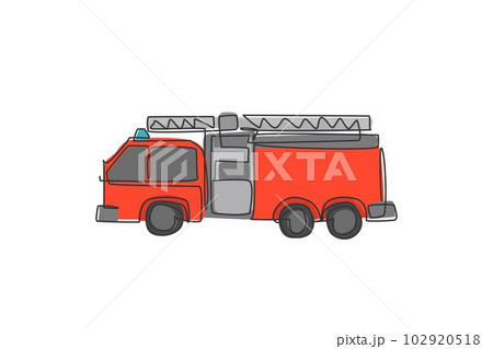 Single continuous line drawing of firetruck emergency rescuer for fireman. Fire engine vehicle isolated minimalism concept. Dynamic one line draw graphic design vector illustration on white background Single continuous line drawing of firetruck emergency rescuer for fireman. Fire engine vehicle isolated minimalism concept. Dynamic one line draw graphic design vector illustration on white background 102920518