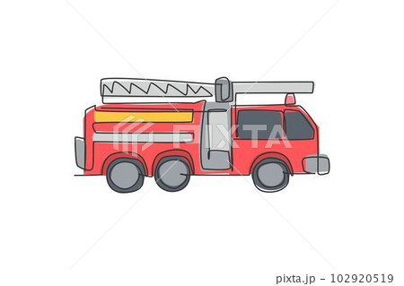 Continuous one line drawing of emergency road vehicle fire engine. Fire truck rescue as fire fighter apparatus hand drawn minimalist concept. Modern single line draw design vector graphic illustration Continuous one line drawing of emergency road vehicle fire engine. Fire truck rescue as fire fighter apparatus hand drawn minimalist concept. Modern single line draw design vector graphic illustration 102920519