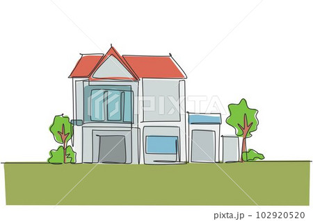 Single one line drawing of green fresh modest house at countryside. Home eco building construction isolated doodle minimal concept. Trendy continuous line draw design graphic vector illustration Single one line drawing of green fresh modest house at countryside. Home eco building construction isolated doodle minimal concept. Trendy continuous line draw design graphic vector illustration 102920520