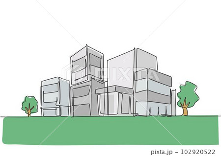 Continuous one line drawing of luxury apartment house in urban area. Home architecture property construction hand drawn minimalist concept. Modern single line draw design vector graphic illustration Continuous one line drawing of luxury apartment house in urban area. Home architecture property construction hand drawn minimalist concept. Modern single line draw design vector graphic illustration 102920522