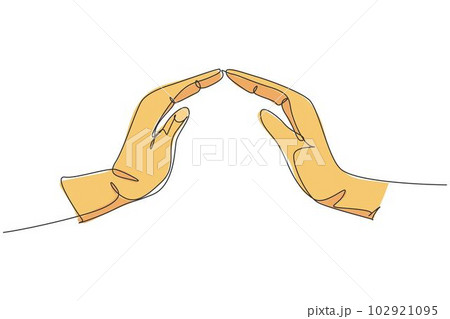 Hands protect. Continuous one line drawing of hand gesture protection minimalist vector illustration design on white background. Isolated simple line modern graphic style. Hand drawn graphic concept 102921095