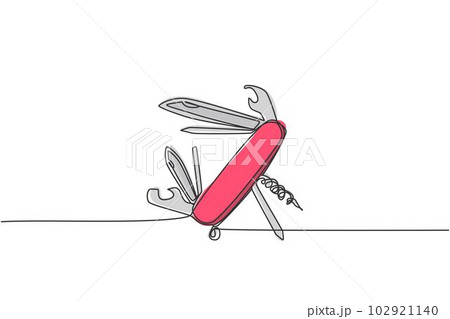 Single continuous line drawing of multi purpose pocket knife for outdoor camping equipment. Multi function tool hover concept. Modern one line draw design graphic vector illustration 102921140