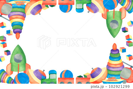 Kids toys. Watercolor illustration of pyramid, spinning top, helicopter, ship, cube, train, ball, rocket. Illustration for children. The set is painted with watercolors. Banner on white background Kids toys. Watercolor illustration of pyramid, spinning top, helicopter, ship, cube, train, ball, rocket. Illustration for children. The set is painted with watercolors. Banner on white background 102921299
