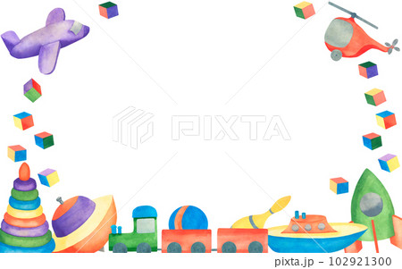 Kids toys. Watercolor illustration of pyramid, spinning top, helicopter, ship, cube, train, ball, rocket. Illustration for children. The set is painted with watercolors. Banner on white background Kids toys. Watercolor illustration of pyramid, spinning top, helicopter, ship, cube, train, ball, rocket. Illustration for children. The set is painted with watercolors. Banner on white background 102921300