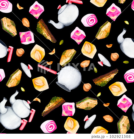 Turkey and sweets. Watercolor seamless pattern on a dark background. Can be used for your designs Turkey and sweets. Watercolor seamless pattern on a dark background. Can be used for your designs 102921308