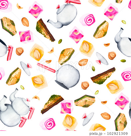 Turkiye and sweets. Watercolor seamless pattern on an isolated background. Can be used for your designs Turkiye and sweets. Watercolor seamless pattern on an isolated background. Can be used for your designs 102921309