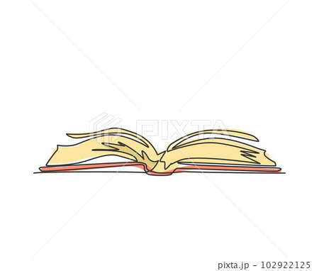 Single continuous line drawing of thick open book logo label. Campus library icon label concept. Trendy one line draw graphic design vector illustration Single continuous line drawing of thick open book logo label. Campus library icon label concept. Trendy one line draw graphic design vector illustration 102922125