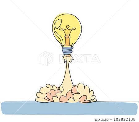 Single continuous line drawing of smart bright light bulb take off flying to the space logo label. Rocket bulb company icon label concept. Modern one line draw graphic design vector illustration Single continuous line drawing of smart bright light bulb take off flying to the space logo label. Rocket bulb company icon label concept. Modern one line draw graphic design vector illustration 102922139