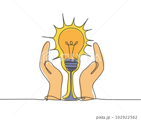 Single continuous line drawing of open hands protect lightbulb for logo label. Company safe protection logotype symbol template concept. Dynamic one line draw graphic vector illustration 102922562