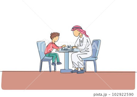 One single line drawing of young Arabian father and son seriously playing chess together at home vector illustration. Happy Islamic muslim family parenting concept. Modern continuous line draw design 102922590