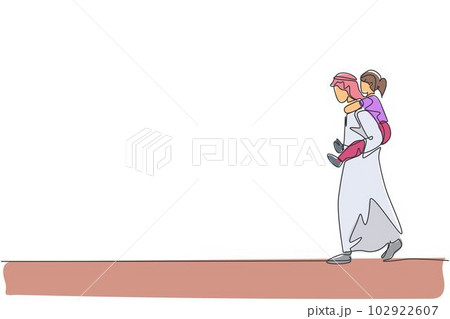 One single line drawing of young Arabian dad talking while piggyback carry her daughter at park vector illustration. Happy Islamic muslim family parenting concept. Modern continuous line draw design 102922607