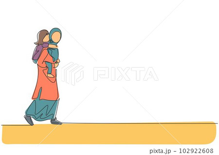 One continuous line drawing of young Arabian mom carrying daughter on her back at park, piggyback. Happy Islamic muslim parenting family concept. Dynamic single line draw design vector illustration 102922608