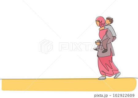 One single line drawing of young Arabian mother talking to her son while carry on piggyback vector illustration. Happy Islamic muslim family parenting concept. Modern continuous line draw design 102922609
