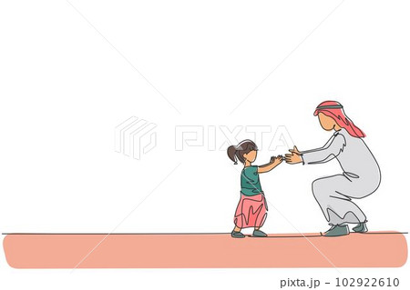 Single continuous line drawing of young Arabian dad teach how to walk to his daughter toddler at home. Islamic muslim happy family fatherhood concept. Trendy one line draw design vector illustration 102922610
