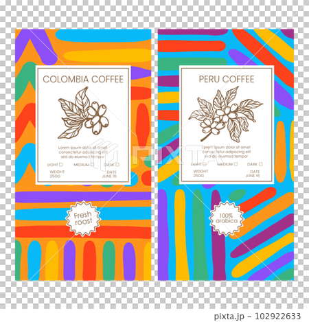 COFFEE PACKAGING Abstract Simple Style Vintage Colorful Figures Doodle In Organic With Hand Drawn Coffee Beans Templates Packaging Design And Labels Vector Set 102922633