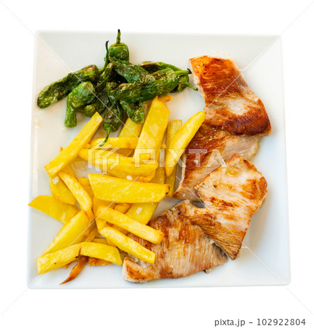 Roasted pork meat with baked peppers and fried potatoes 102922804