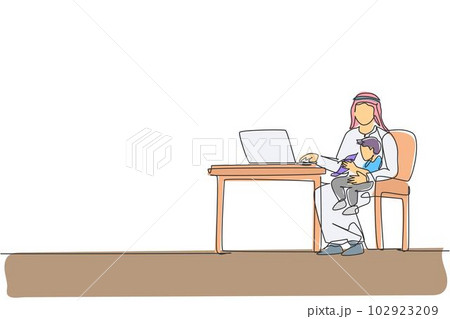 One single line drawing of young Islamic father typing on laptop and hugging his son vector illustration. Work from home. Happy Arabian muslim family parenting concept. Continuous line draw design 102923209