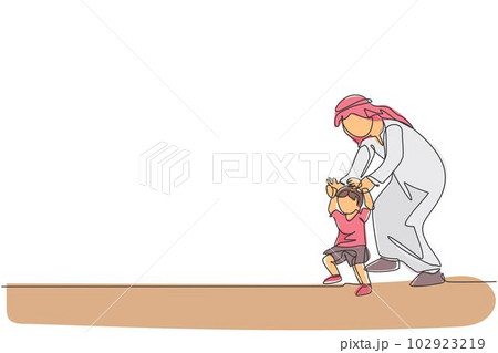 Single continuous line drawing of young Arabian father holding his son's hand who learn to walk. Islamic muslim happy family fatherhood concept. Trendy one line draw design vector illustration 102923219