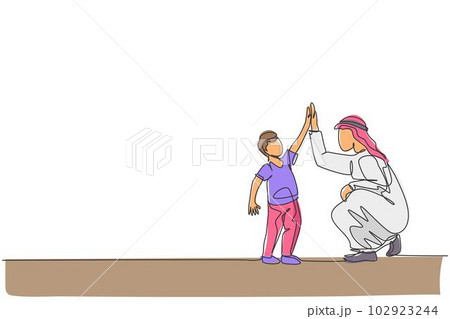 Single continuous line drawing of young Arabian boy give high five gesture to his dad, happy parenting. Islamic muslim family care, fatherhood concept. Trendy one line draw design vector illustration 102923244