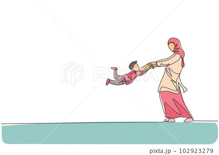 Single one line drawing young Arabian mom holding her boy and swinging to play together vector illustration. Happy Islamic muslim family parenting concept. Modern continuous line graphic draw design Single one line drawing young Arabian mom holding her boy and swinging to play together vector illustration. Happy Islamic muslim family parenting concept. Modern continuous line graphic draw design 102923279