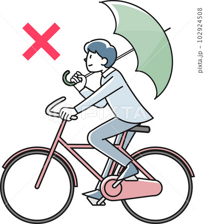 傘をさして自転車で走る若い男性 102924508