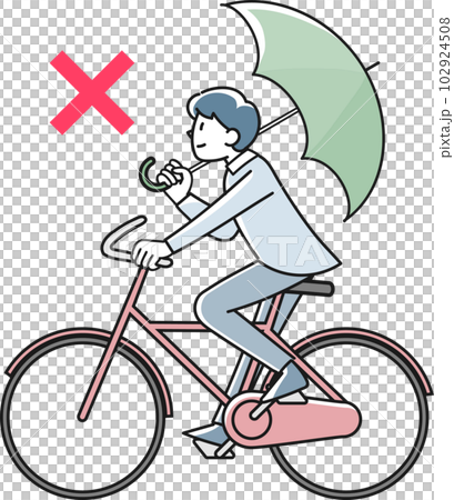 傘をさして自転車で走る若い男性 102924508