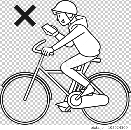 スマホを見ながら自転車で走る若い男性 102924509