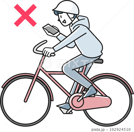 スマホを見ながら自転車で走る若い男性 102924510