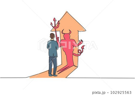 Single continuous line drawing of young evil worker facing his devil shadow on the wall. Bad character businessman. Minimalism concept dynamic one line draw graphic design vector illustration Single continuous line drawing of young evil worker facing his devil shadow on the wall. Bad character businessman. Minimalism concept dynamic one line draw graphic design vector illustration 102925563