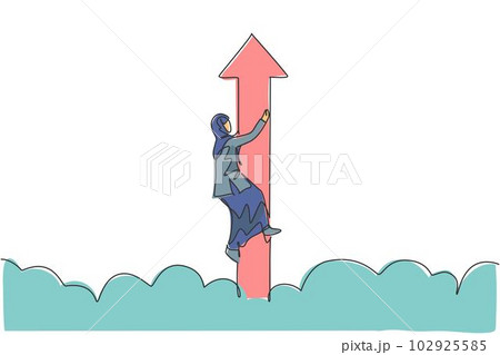 Single one line drawing of young smart Arab business woman hold flying arrow up through the cloud sky. Business growth minimal concept. Modern continuous line draw design graphic vector illustration Single one line drawing of young smart Arab business woman hold flying arrow up through the cloud sky. Business growth minimal concept. Modern continuous line draw design graphic vector illustration 102925585