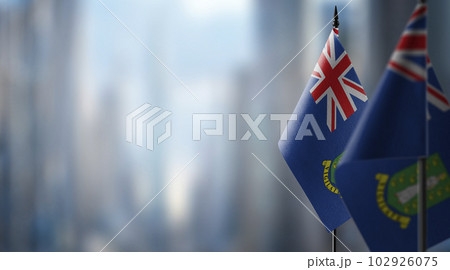 Small flags of the British Virgin Islands on an abstract blurry background 102926075