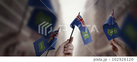 A group of people holding small flags of the British Virgin Islands in their hands 102926120